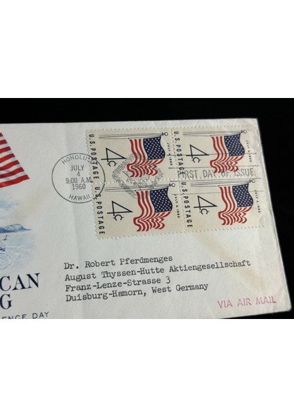 4th July 1960 Fdc Ilk Gün Zarfı 50 Yıldız Amerikan Bayraklı Dörtlü Block Pullu Air Mail Uçak Postası