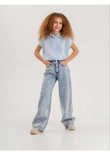 Kız Çocuk Paçası Varak Detaylı Denim Pantolon