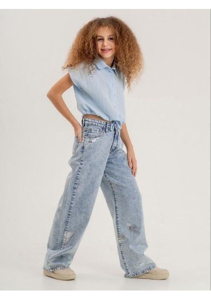 Kız Çocuk Paçası Varak Detaylı Denim Pantolon