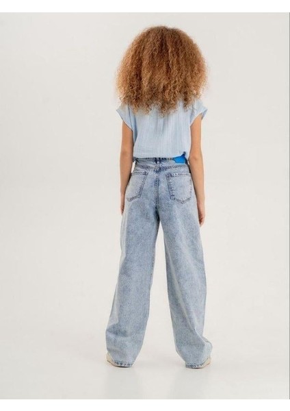 Kız Çocuk Paçası Varak Detaylı Denim Pantolon