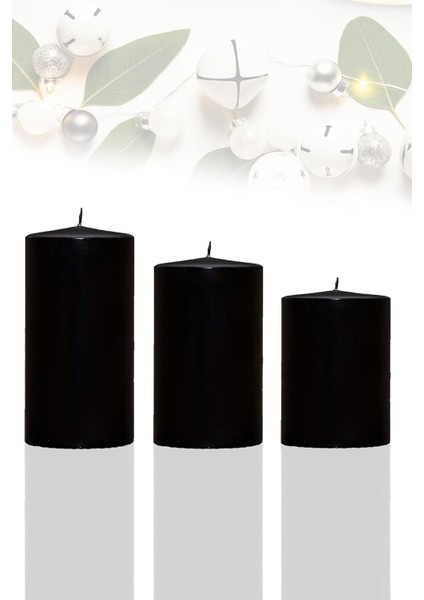 Candle Vase Silindir Mum Siyah 3'lü Set Genişlik 5 cm Yükseklik - 5 cm - 7,5 cm - 10 cm Sandal Ağacı