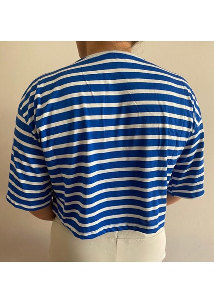 Kadın Çizgili Krop Bol Kesim Tshirt Mavi fırsatları