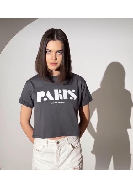Kadın Paris Baskılı Tshirt Füme indirimleri