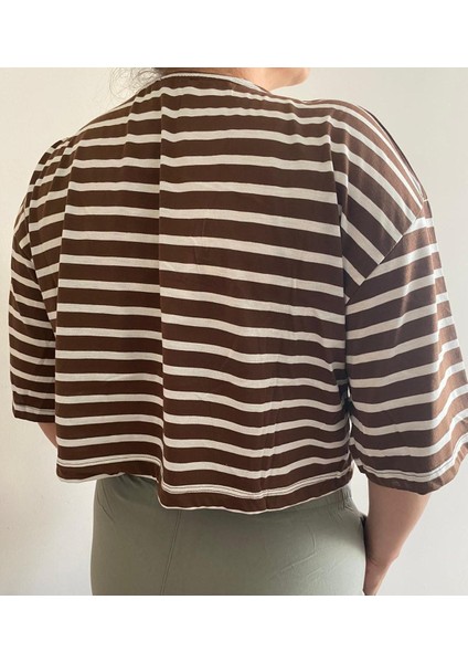 Kadın Çizgili Krop Bol Kesim Tshirt Kahve modelleri