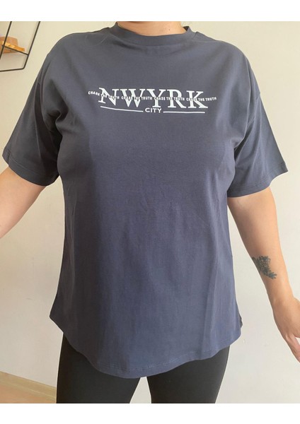 Kadın New York Baskılı Tshirt Füme
