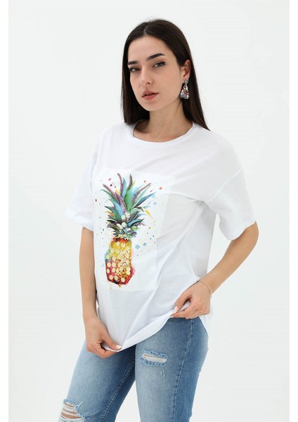 Bisiklet Yaka Ananas Baskılı Süprem T-Shirt - Beyaz