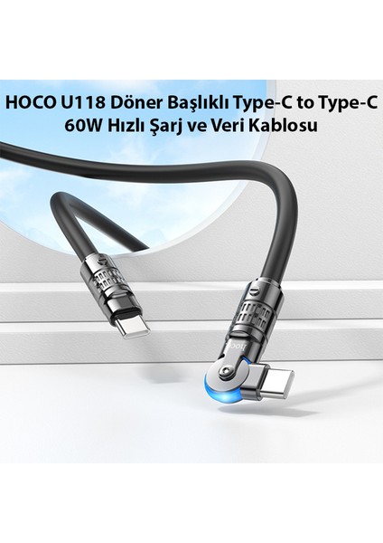 U118 Döner Başlıklı Type-C To Type-C 60W Hızlı Şarj ve Veri Kablosu