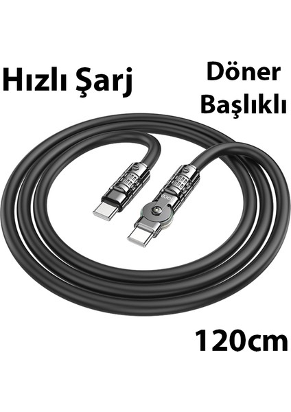 U118 Döner Başlıklı Type-C To Type-C 60W Hızlı Şarj ve Veri Kablosu