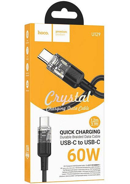 U129 Transparan Type-C To Type-C Data ve Şarj Kablosu 1m