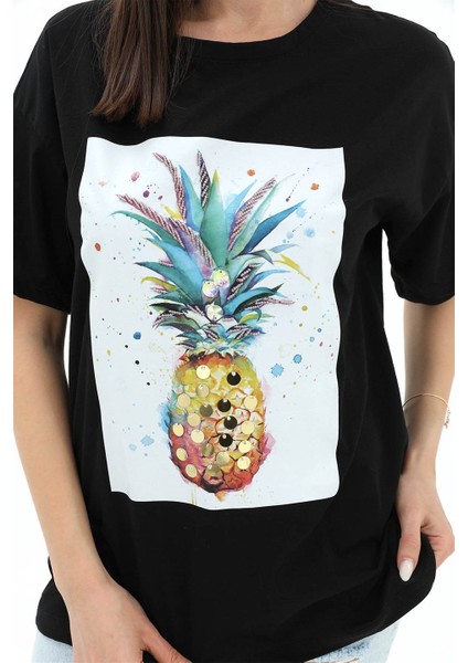 Bisiklet Yaka Ananas Baskılı Süprem T-Shirt - Siyah