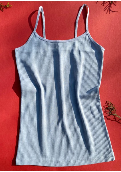 Pamuklu ve Likralı Fitilli 1 Adet Mavi Renk Ip Askılı Gömlek Altı Kadın T-Shirt
