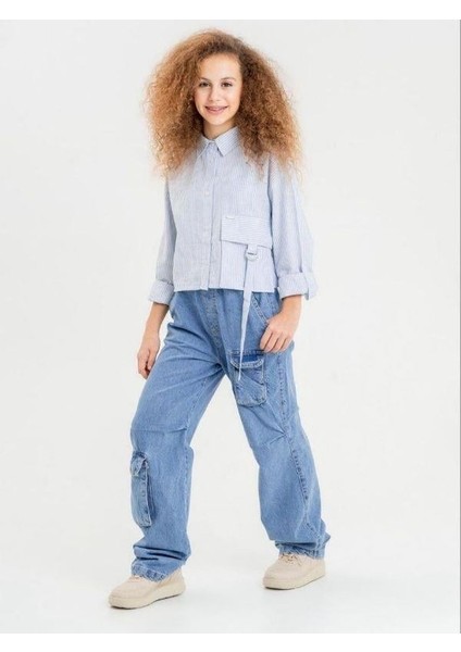 Kız Çocuk Büyük Cepli Pamuklu Çizgili Gömlek fiyatları