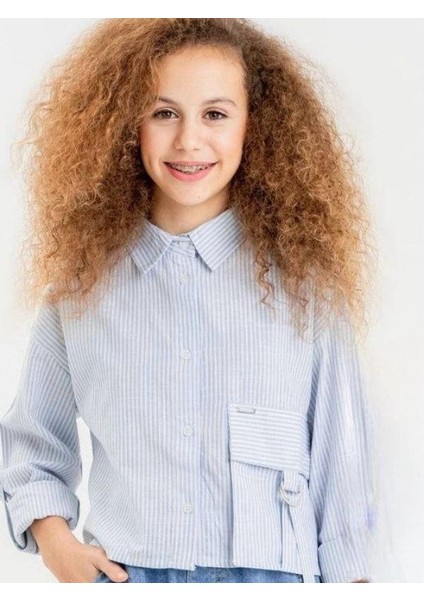 Kız Çocuk Büyük Cepli Pamuklu Çizgili Gömlek modelleri