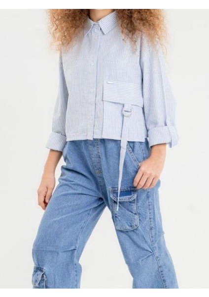Kız Çocuk Büyük Cepli Pamuklu Çizgili Gömlek indirimleri