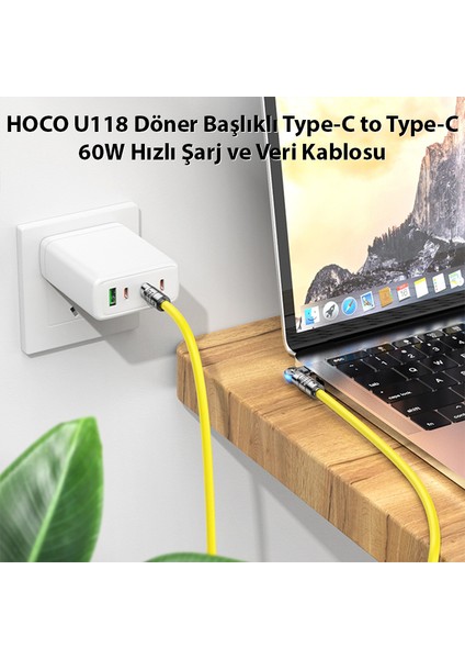 U118 Döner Başlıklı Type-C To Type-C 60W Hızlı Şarj ve Veri Kablosu