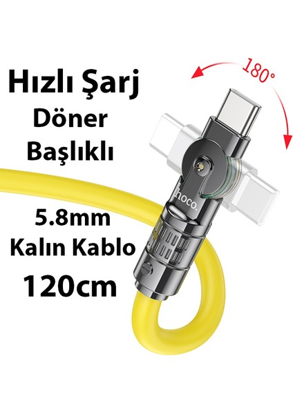 U118 Döner Başlıklı Type-C To Type-C 60W Hızlı Şarj ve Veri Kablosu