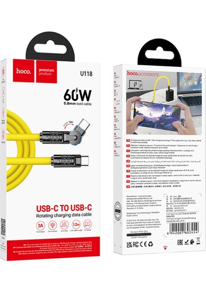 U118 Döner Başlıklı Type-C To Type-C 60W Hızlı Şarj ve Veri Kablosu