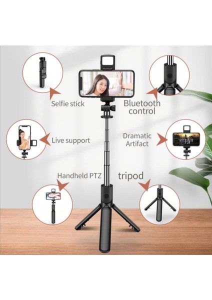 Tripod Q02S Bluetooth Çok Fonksiyonlu Kablosuz Kumandalı Tüm Akıllı Telefonlara Uyumlu Selfie Çubuk