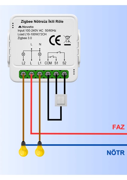 Zigbee Çift Çıkışlı Nötrsüz Akıllı Röle ( Tuya - Smart Life Uyumlu )