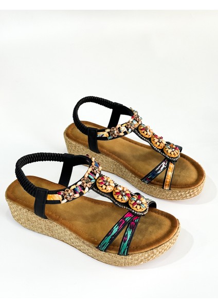 BA04520 Siyah H Kadın Halka Boncuklu Ful Ithal Lastikli Sandalet - Siyah Saten - 39