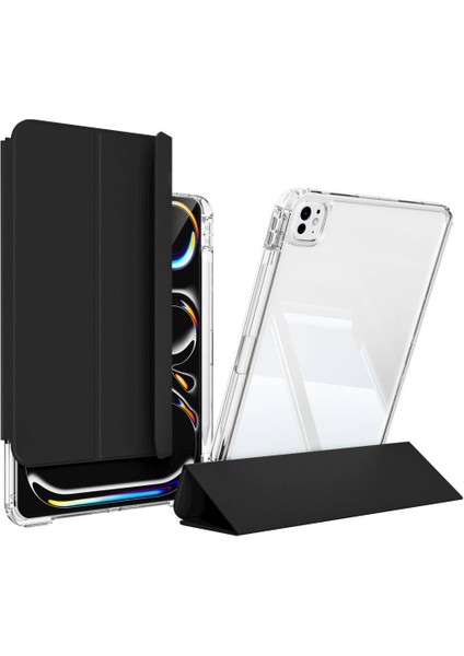 ​​ iPad Uyumlu Pro 13 2024 Kılıf Magnetik Ayrılabilen Airbagli Htstore Sliding Tablet Kılıfı-Siyah