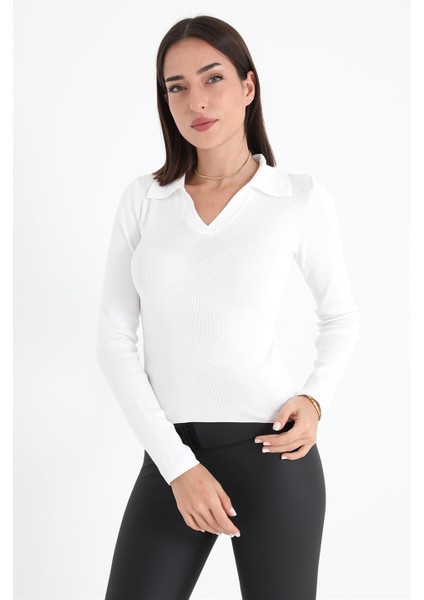 Uzun Kol Polo Yaka Triko Ekru fırsatları