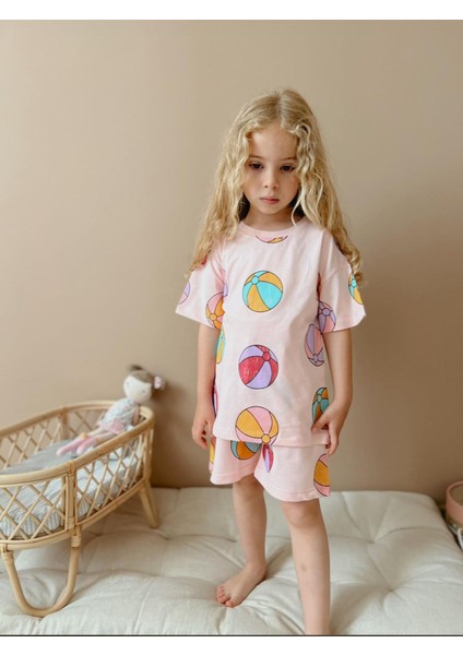 Renkli Top Desenli Şort T-Shirt Kız Çocuk Takım