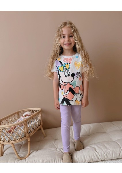 Minnie Mouse Baskılı Taytlı T-Shirt Kız Çocuk Takım