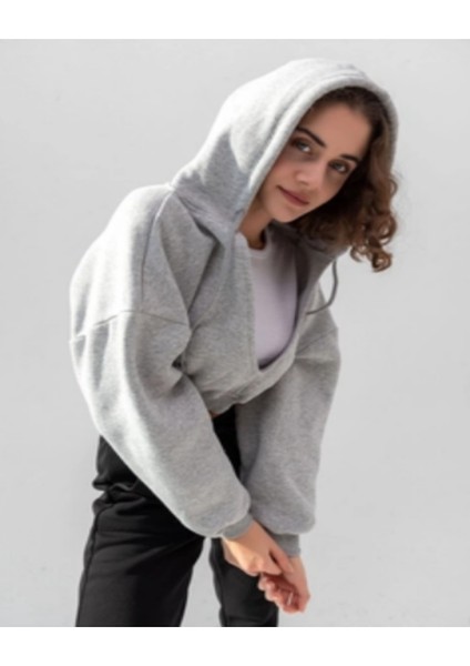 Kadın Kapüşonlu V Yaka Crop Kalın Içi Polarlı Örme Sweatshirt