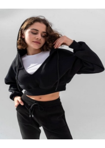 Kadın Kapüşonlu V Yaka Crop Kalın Içi Polarlı Örme Sweatshirt