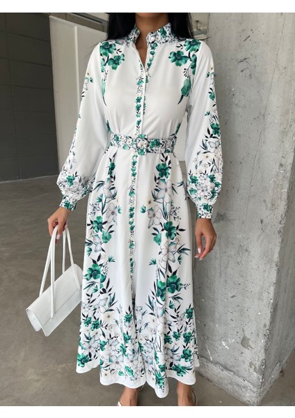 Ithal Babel Kumaş Elbise (Kemer Dahildir) - Yeşil modelleri