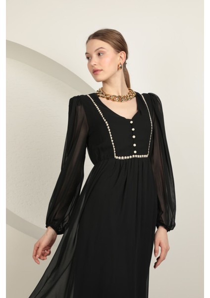 Kadın Siyah Şifon Kumaş Yakası Güpürlü Kadın Elbise fiyatları