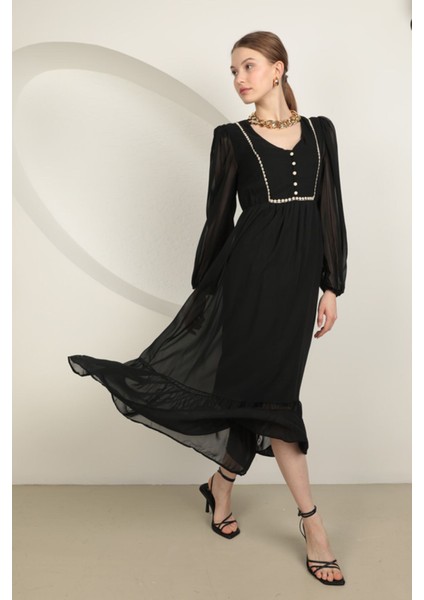 Kadın Siyah Şifon Kumaş Yakası Güpürlü Kadın Elbise fırsatları