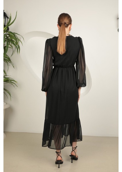 Kadın Siyah Şifon Kumaş Yakası Güpürlü Kadın Elbise indirimleri