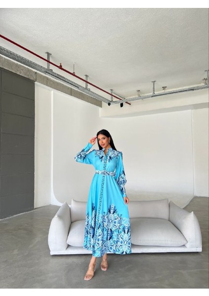 Atlas Kumaş Elbise (Kemer Dahildir)-Mavi