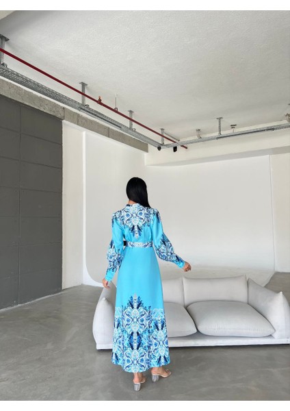 Atlas Kumaş Elbise (Kemer Dahildir)-Mavi fiyatları