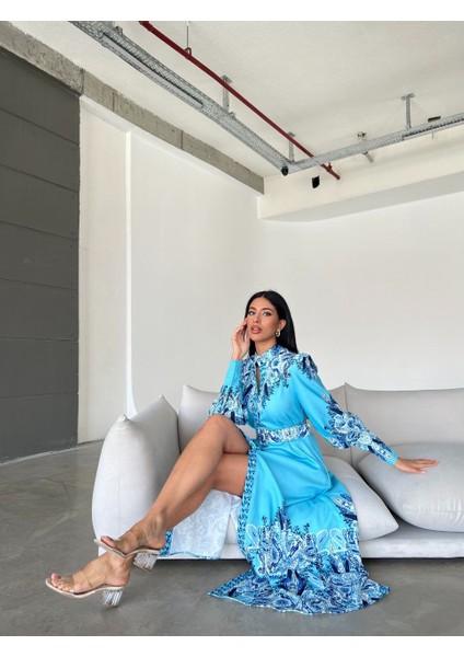 Atlas Kumaş Elbise (Kemer Dahildir)-Mavi modelleri