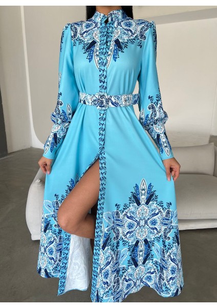 Atlas Kumaş Elbise (Kemer Dahildir)-Mavi fırsatları