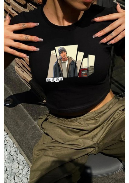 Y2K Sokak Stili Eminem Gta Model Baskılı Kısa Kollu Siyah Crop Body fiyatları