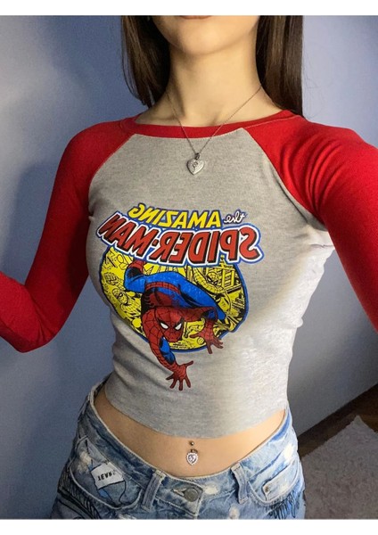 Kırmızı Reglan Kol The Amazing Spiderman Baskı Model Crop Body fiyatları