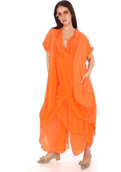 Italyan Ipek Detaylı Oversize Kap Bluz- Asimetrik Pantolon Takım
