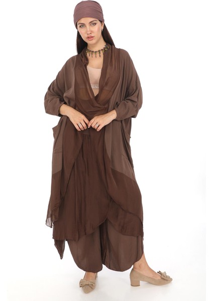 Italyan Ipek Detaylı Oversize Kap Bluz- Asimetrik Pantolon Takım
