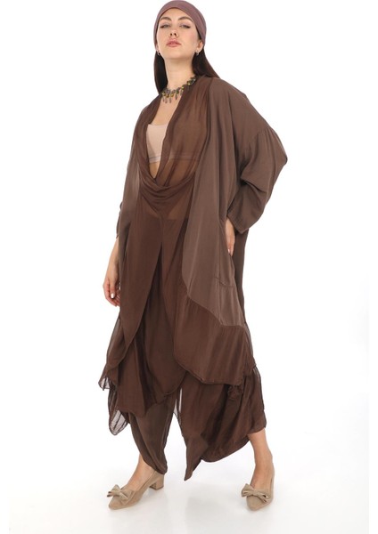 Italyan Ipek Detaylı Oversize Kap Bluz- Asimetrik Pantolon Takım