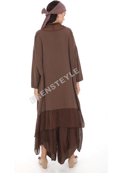 Italyan Ipek Detaylı Oversize Kap Bluz- Asimetrik Pantolon Takım