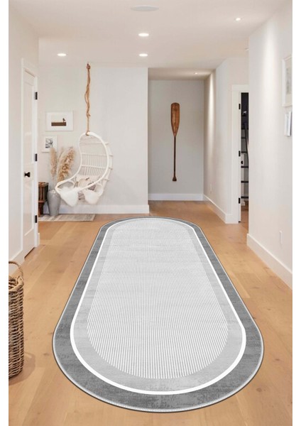Makinede Yıkanabilir Kaymaz Taban Leke Tutmaz Gri Oval Salon Halısı Mutfak Halısı ve Yolluk