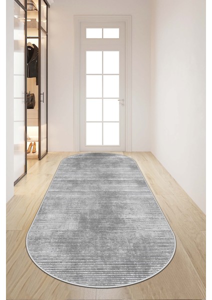 Makinede Yıkanabilir Kaymaz Taban Leke Tutmaz Gri Oval Salon Halısı Mutfak Halısı ve Yolluk