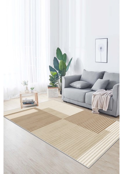 Makinede Yıkanabilir Kaymaz Taban Leke Tutmaz Bej Çizgili Salon Halısı Mutfak Halısı ve Yolluk