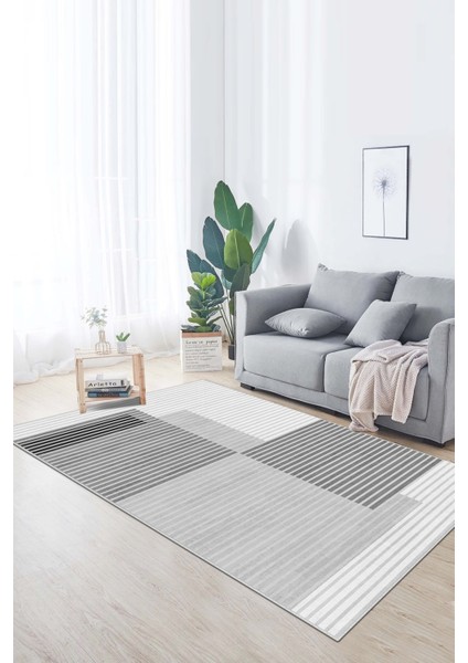 Makinede Yıkanabilir Kaymaz Taban Leke Tutmaz Gri Çizgili Salon Halısı Mutfak Halısı ve Yolluk