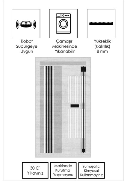 Makinede Yıkanabilir Kaymaz Taban Leke Tutmaz Gri Çizgili Salon Halısı Mutfak Halısı ve Yolluk