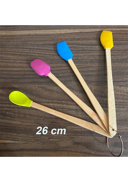 4 Lü Renkli Isıya Dayanıklı Ahşap Saplı Spatula Kaşık Seti (26 Cm)